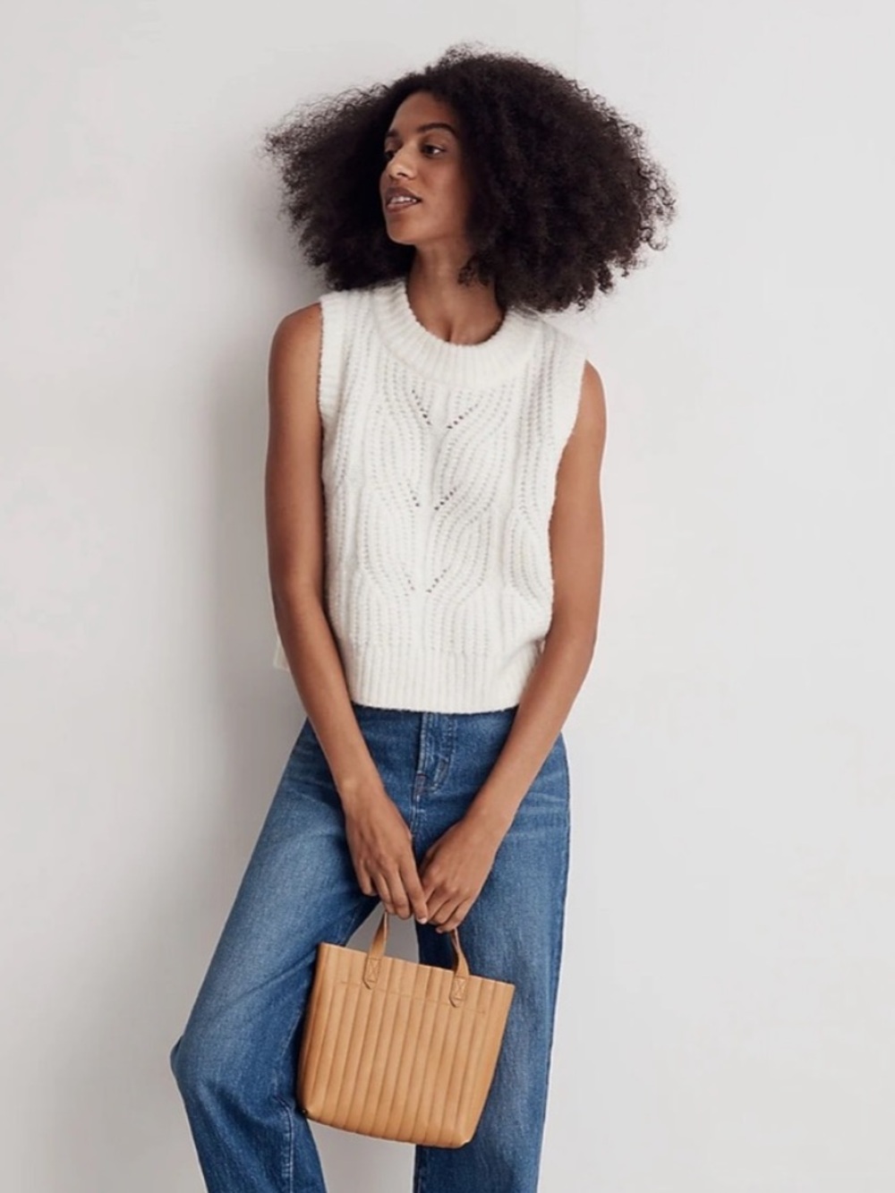 Madewell Pointelle Knowe Cable Knit Wool Blend Sleeveless Sweater Vest Small